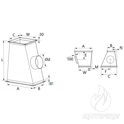 Трійник косий з круглим відводом для прямокутного повітроводу AD-TK  (фото 2)