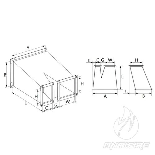 Трійник асиметричний штанообразный з перемінним перетином для прямокутного повітроводу AD-TSHP  (фото 2)