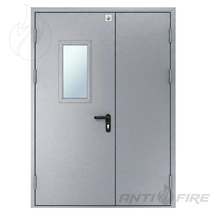 Двері протипожежні двостулкові нерівнопільні металеві зі склінням EI60 