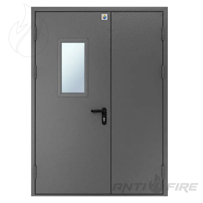 Двері протипожежні двостулкові нерівнопільні металеві зі склінням EI30 