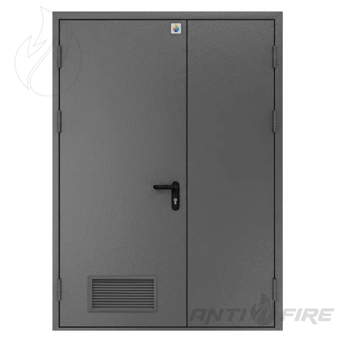 Двері протипожежні двостулкові нерівнопільні металеві з вентеляційною решіткою EI30 