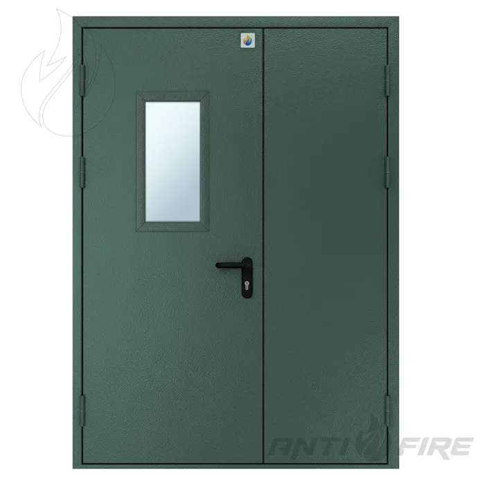 Двері протипожежні двостулкові нерівнопільні металеві зі склінням EI90 