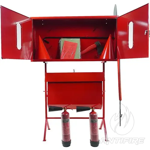 Стенд пожарный закрытого типа с перекидным ящиком для песка в комплекте + 2 Огнетушителя ВВК-2(ОУ-3) 