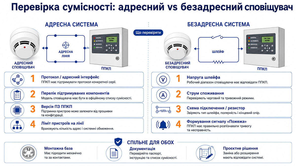 Порівняння перевірки сумісності адресного і безадресного пожежного сповіщувача з ППКП