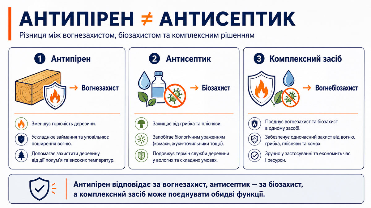 Різниця між антипіреном, антисептиком та комплексним вогнебіозахистом деревини