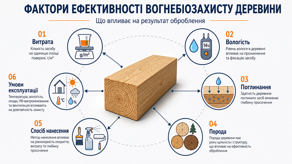 Фактори, що впливають на ефективність вогнебіозахисту деревини: витрата, вологість, поглинання та умови експлуатації