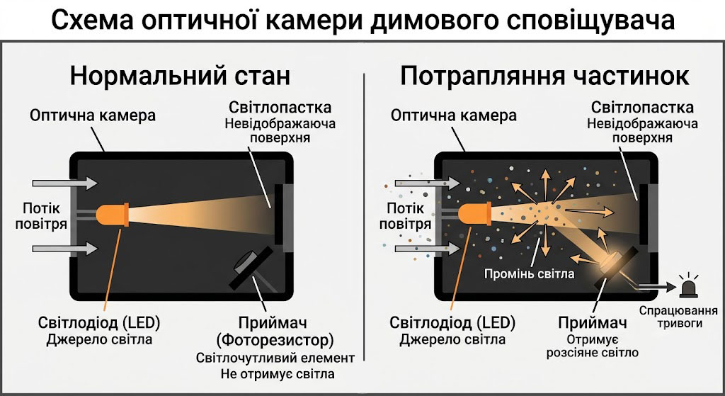 Принцип роботи оптичного димового пожежного сповіщувача та потрапляння частинок у вимірювальну камеру
