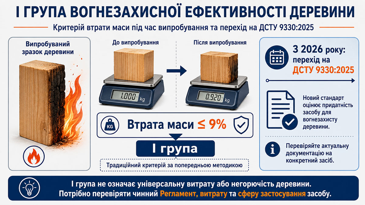 I група вогнезахисної ефективності деревини та критерій втрати маси під час випробування