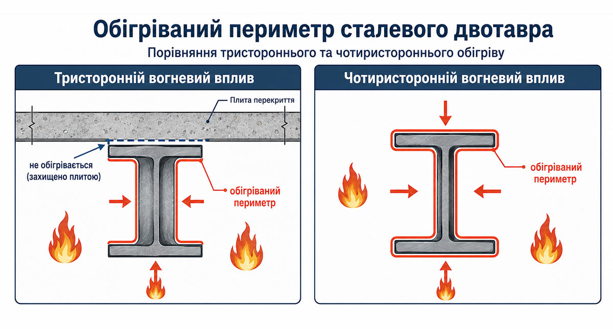 Обігріваний периметр сталевого двотавра при тристоронньому та чотиристоронньому вогневому впливі