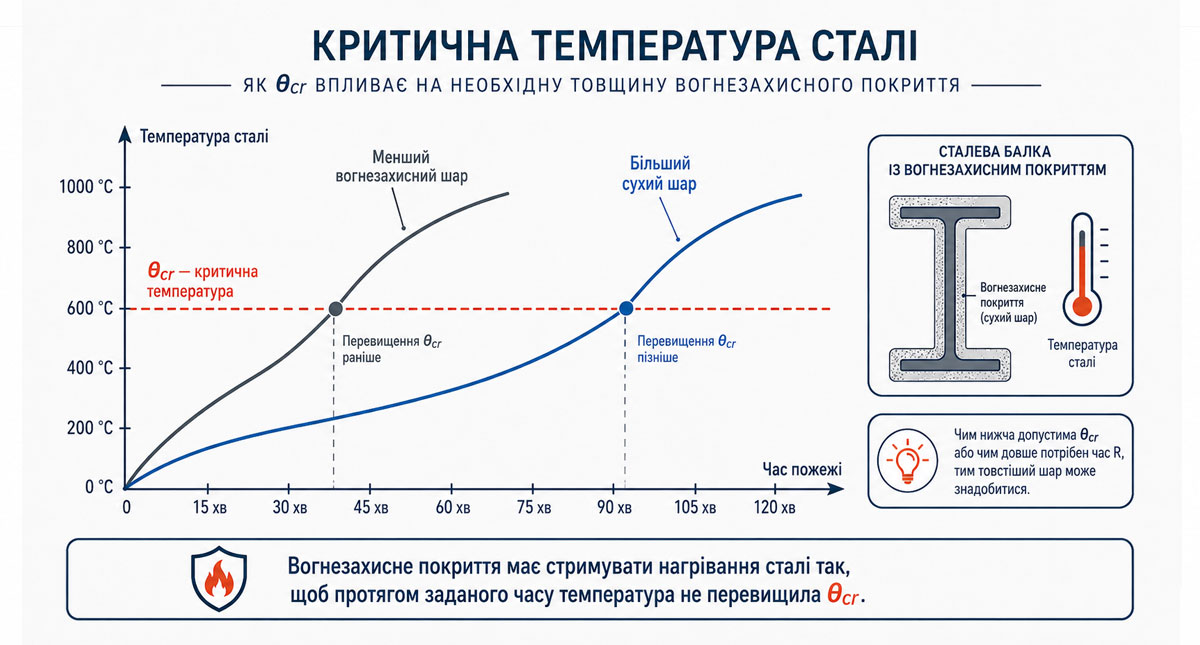 Схема впливу критичної температури сталі на необхідну товщину вогнезахисного покриття