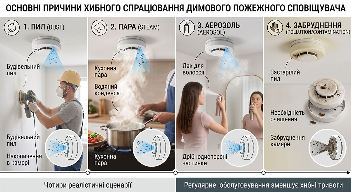 Основні причини хибного спрацювання димового пожежного сповіщувача: пил, пара, аерозолі та забруднення