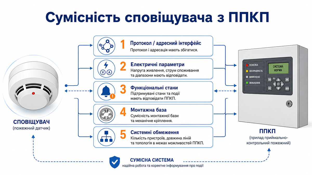 Схема перевірки сумісності пожежного сповіщувача з ППКП за протоколом, живленням, шлейфом і монтажною базою