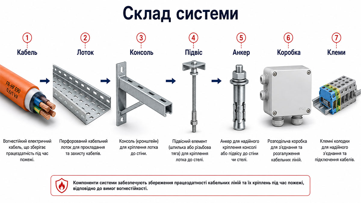 Склад вогнестійкої кабельної системи: кабель, лоток, консоль, підвіс, анкер, коробка та кріплення