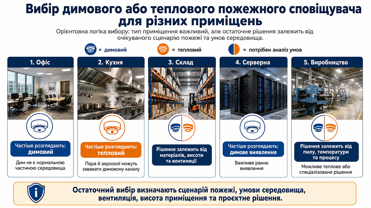 Вибір димового або теплового пожежного сповіщувача для офісу, кухні, складу, серверної та виробництва