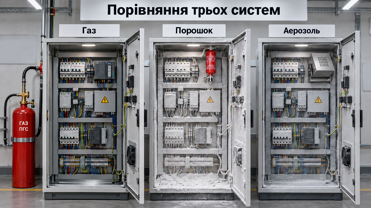 Сравнение газового, порошкового и аэрозольного пожаротушения для электрооборудования