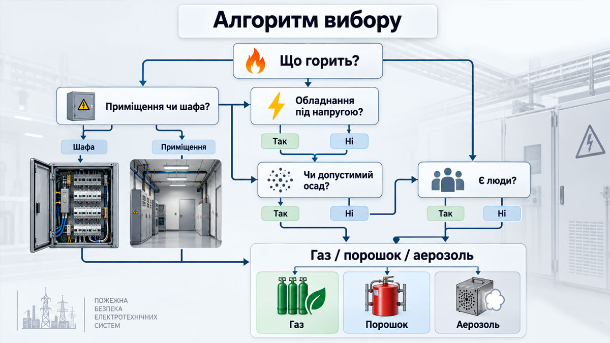 Алгоритм выбора газового, порошкового или аэрозольного пожаротушения для электрооборудования