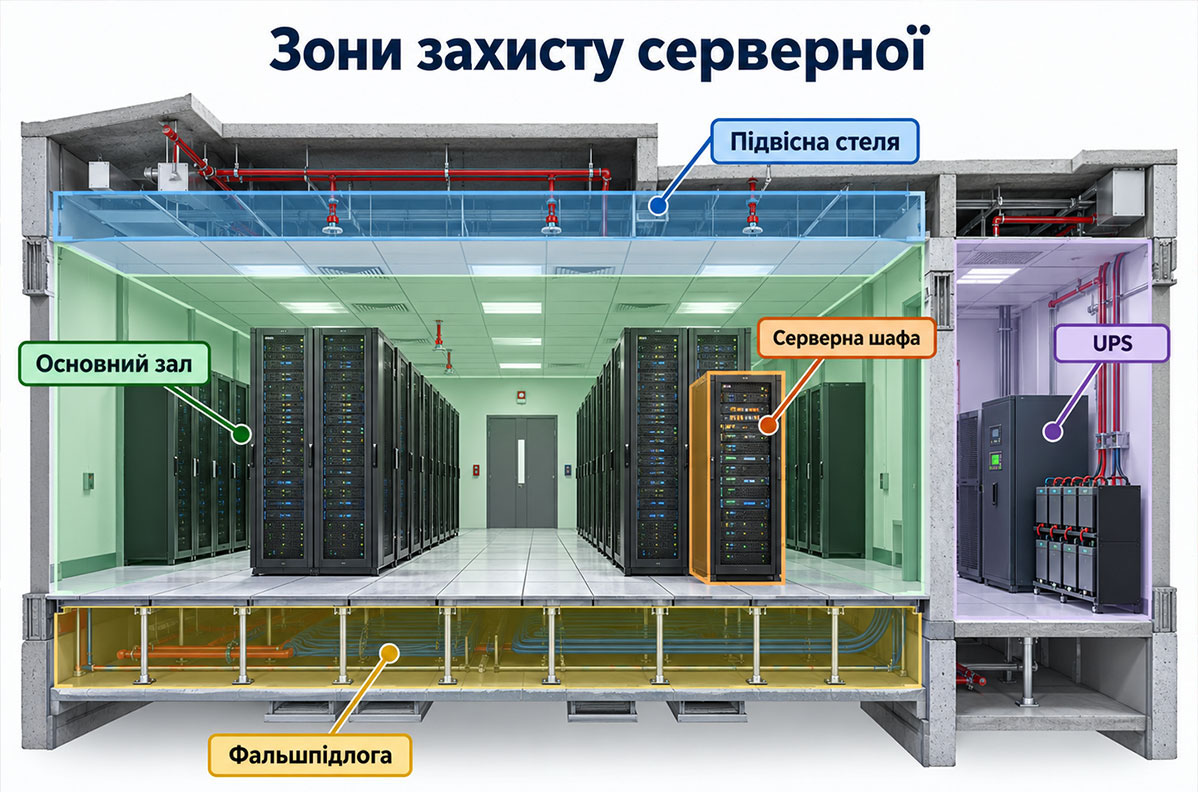 Зоны защиты газового пожаротушения серверной: основной зал, фальшпол, подвесной потолок, серверные стойки и UPS