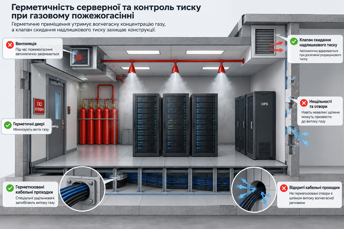Герметичность серверной, кабельные проходки, вентиляция и клапан сброса избыточного давления при газовом пожаротушении