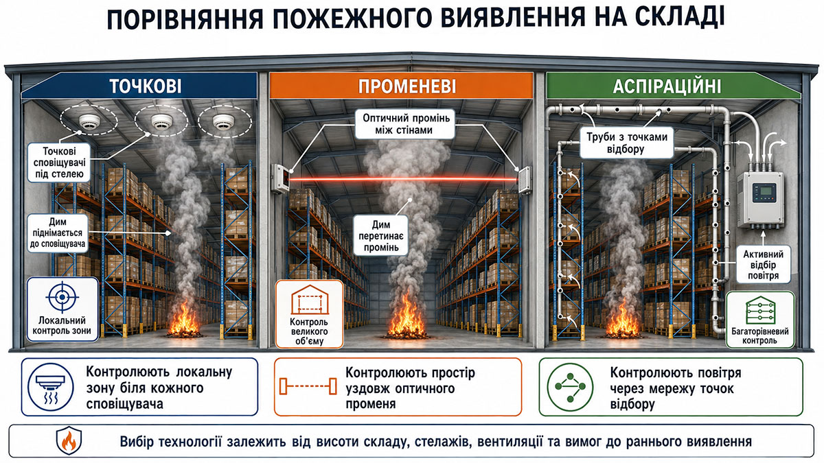 Сравнение точечного, лучевого и аспирационного пожарного обнаружения на складе