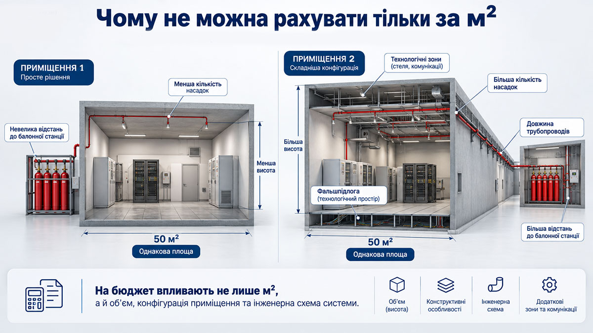 Чому вартість газового пожежогасіння не можна точно розрахувати лише за площею приміщення