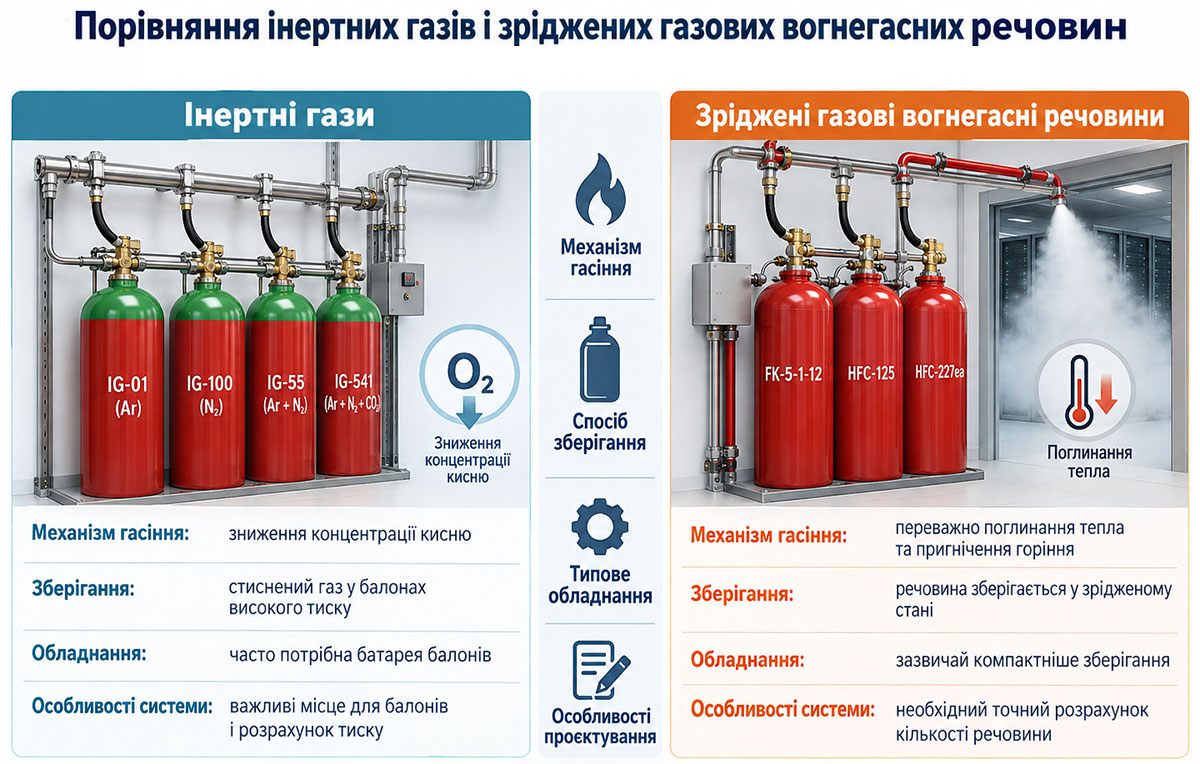 Порівняння інертних газів і зріджених газових вогнегасних речовин у системах пожежогасіння