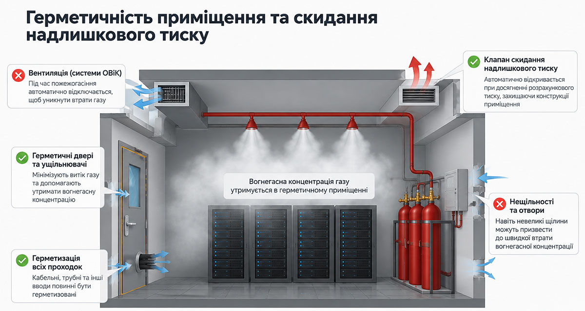 Герметичність приміщення та скидання надлишкового тиску під час газового пожежогасіння
